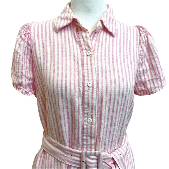 Alexis x Target Linen Blend Pink White Stripe Belted Button Mini Dress - Picture 2 of 12